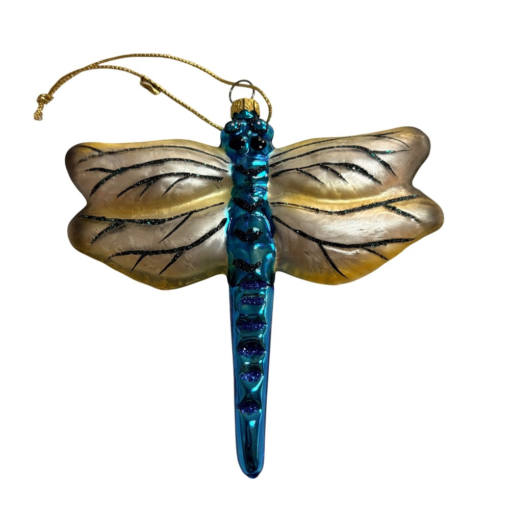Blue Glass Dragonfly Christmas Ornament Glitter Iridescent Wings Insect Decor